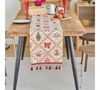 FAWFCJD Camino De Mesa Navideño, Mantel Largo con Borlas, Estampado Cuadros Retro, Jacquard Rojo, Ideal For La Decoración Navideña del Hogar. También Sirve como Individual(33 * 275cm)
