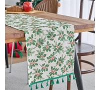 FAWFCJD Camino De Mesa Navideño, Mantel Largo con Borlas, Estampado Retro Hojas Acebo En 3D, Jacquard Rojo, Ideal For El Invierno. También Sirve como Individual, Tapete Grueso (33 * 180cm)