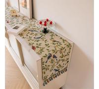 FAWFCJD Camino De Mesa Oriole Jacquard Camino De Mesa con Pájaros Y Hojas Verdes Tejido Camino De Mesa con Borlas Azules Macramé Base Beige Camino De Mesa For Cocina Comedor Decoración(33x180cm)