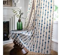 FAWFCJD Cortinas De Ventana Bohemias Rayas Verticales Azules Patrón Geométrico Dormitorio Cortinas Bohemias Borde Borla Cortinas Algodón Cortina Lino Sala Estar Cortinas Ventana(Size:150x220cm)