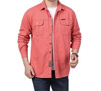 FAWHEWX Camisa Abotonada para Hombre Camisa Informal de Manga Larga con Lavado de algodón Camisa de Manga Larga con Dos Bolsillos de Ajuste Regular para Hombre con(B-Rojo/XXL)