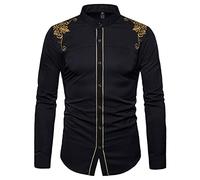 FAWHEWX Camisa de Solapa Bordada Dorada a la Moda para Hombre Camisa de Vestir con Botones de Manga Larga Ajustada Camisa de Manga Larga de Lujo Jacquard Gentleman Prom para Hombre(B-Negro/L)