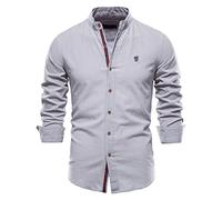 FAWHEWX, Camisa de Vestir de Lino y algodón Informal de Manga Larga para Hombre, Camisa de Negocios de Hierro sin Botones de Corte Regular, Camisa básica Transpirable para Hombre(C-Gris/M)