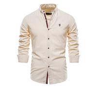 FAWHEWX, Camisa de Vestir de Lino y algodón Informal de Manga Larga para Hombre, Camisa de Negocios de Hierro sin Botones de Corte Regular, Camisa básica Transpirable para Hombre(D-Caqui/S)