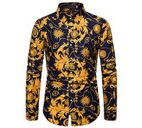 FAWHEWX, Camisa de Vestir de Manga Larga de Jacquard de Lujo para Hombre, Camisa Ajustada con Estampado Floral para graduación, Camisa Informal Vintage con Botones para Hombre(H-Amarillo/XL)