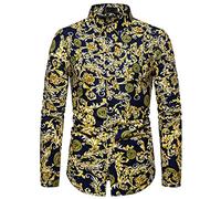 FAWHEWX, Camisa de Vestir de Manga Larga de Jacquard de Lujo para Hombre, Camisa Ajustada con Estampado Floral para graduación, Camisa Informal Vintage con Botones para Hombre(I-Amarillo (A)/L)