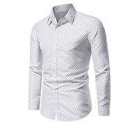 FAWHEWX, Camisa de Vestir de Negocios para Hombres, Camisa de Manga Larga con Estampado de Lunares y Botones, Camisa Informal Ajustada, Camisa de Trabajo Informal para Hombres(Un Blanco/M)