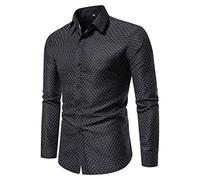 FAWHEWX, Camisa de Vestir de Negocios para Hombres, Camisa de Manga Larga con Estampado de Lunares y Botones, Camisa Informal Ajustada, Camisa de Trabajo Informal para Hombres(B-Negro/L)