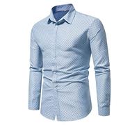 FAWHEWX, Camisa de Vestir de Negocios para Hombres, Camisa de Manga Larga con Estampado de Lunares y Botones, Camisa Informal Ajustada, Camisa de Trabajo Informal para Hombres(C-Azul/L)