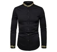 FAWHEWX - Camisa de Vestir para Hombre con diseño Bordado Dorado y Cuello levantado, Ajustada, de Manga Larga, con Botones, Informal, Formal, clásica, de Manga Larga, Ajuste Regular(B-Negro/L)