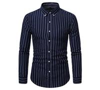 FAWHEWX, Camisa Informal de Manga Larga a Rayas Finas para Hombre, Camisa de Manga Larga con Cuello de botón de Negocios a la Moda para Hombre, Camisa de Popelina a Rayas Delgadas(B-Azul/M)