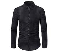FAWHEWX - Camisa Informal de Manga Larga para Hombre con Botones de Ajuste Regular y Cuello Cuadrado a Rayas, Camisa de Vestir de Negocios para Hombre(Un Negro/XXL)