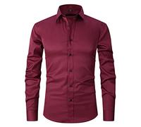 FAWHEWX Camisas de Vestir de Manga Larga para Hombre Color Sólido Slim Fit Casual Business Button Camisas Cómodas Tops Hombres Regular Fit Stretch Casual Button Business Camisas(E-Rojo/XL)