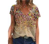FAWHEWX - Camiseta con Cuello en V y Estampado Floral Vintage para Mujer, Camiseta de Manga Corta Suelta Informal de Verano, Camiseta Tipo túnica, Camiseta para Mujer(C-Caqui/XL)