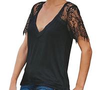 FAWHEWX, Camiseta de Encaje Transparente de Manga Corta de Color sólido Informal a la Moda para Mujer, Tops, Ropa de Verano, Camiseta Holgada Informal(E-Negro/L)