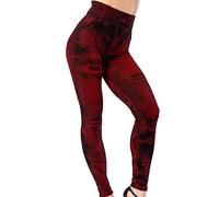 FAWHEWX Leggings de Mezclilla de imitación para Mujer Leggings elásticos de Cintura Alta súper Ajustados Leggings Estampados Rasgados de Moda Leggings Delgados Desgastados(B-Rojo(A)/M)