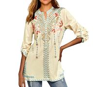 FAWHEWX Mujer Bordado Estilo Indio Boho Algodón Tops Camisas de Manga Larga Casual Suelto Túnica Camisas Verano Mujer Boho Tradicional Étnico Túnica Camisas(Beige/XXL)