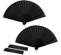 FAYAHAR 2 Piezas Abanico Negro, Abanico Plegable de Mano con Bolsas de Almacenamiento, Portátil Abanicos Negro de Boda, para Cumpleaños, Baile, Cosplay, Boda