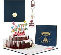 FAYAHAR Pop Up Tarjeta de Cumpleaños, 3D Postal Cumpleaños con Sobre y Llavero con Forma de Pastel, Happy Birthday Pop Up Card, para Familiares, Amigos y Colegas (Azul)