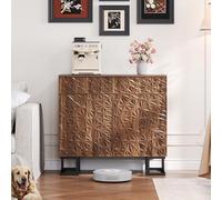 FAYICIC Aparador 80 × 40 × 78 cm - Serie Hojas Poesía - Aspecto de nogal oscuro con relieve de hojas - Patas de metal, 2 cajones y 2 puertas - Aparador sin mango para salón y comedor