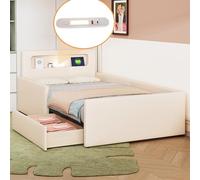 FAYICIC Cama acolchada para niños de 90 x 200 cm, con luz nocturna y puerto de carga USB, con compartimentos, laterales elevados para mayor seguridad, cama individual, tela de piel sintética (beige)