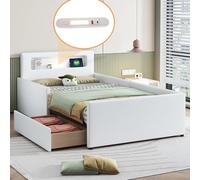 FAYICIC Cama acolchada para niños de 90 x 200 cm, con luz nocturna y puerto de carga USB, con compartimentos, laterales elevados para mayor seguridad, cama individual, tela de piel sintética (blanco)