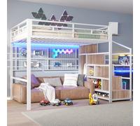 FAYICIC Cama alta 140 x 200 cm, marco de hierro, armario, rejilla para colgar objetos, espacio libre debajo de la cama, luces LED de 7 colores, sin colchón (blanco)