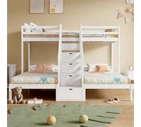 FAYICIC Cama alta 90 x 200 cm, 3 camas, madera de pino, escalera plegable con cajones, barandilla, certificado EN 747, sin colchón, color blanco