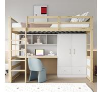 FAYICIC Cama alta 90 x 200 cm, con escalera, escritorio con espacio de almacenamiento, con armario y cajones, cuna, cama infantil, cama individual, color madera