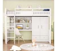 FAYICIC Cama alta 90 x 200 cm, con escalera, escritorio con espacio de almacenamiento, con armario y cajones, cuna, cama infantil, cama individual, color blanco
