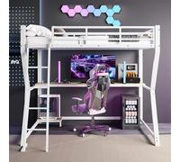 FAYICIC Cama alta, 90 x 200 cm, con luces LED, estante para consola de ordenador, escritorio, enchufe+USB, barandilla, escalera, sin colchón (blanco)