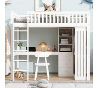 FAYICIC Cama alta 90 x 200 cm, escritorio, armario, 3 cajones, compartimento de almacenamiento abierto, barandilla, escaleras, sin colchón, blanco