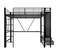 FAYICIC Cama alta, 90 x 200 cm, marco de hierro con escritorio, con barra de secado, con estantes, 4 cajones, con enchufe USB+tipo C, barra LED, barandilla, sin colchón (negro)