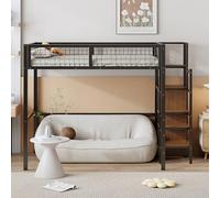 FAYICIC Cama alta de 140 x 200 cm con escalera, cuna con marco de hierro y estante de almacenamiento, armario (negro)