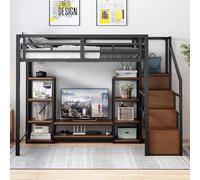 FAYICIC Cama alta de 140 x 200 cm con soporte para TV, enchufe y escalera de seguridad, combinación estable de metal y madera, moderno, para niños, con práctico espacio de almacenamiento, color negro