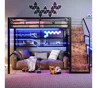 FAYICIC Cama alta de 140 x 200 cm, marco de hierro, armario, rejilla para colgar objetos, espacio libre debajo de la cama, luces LED de 7 colores, sin colchón (negro)