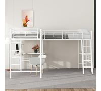 FAYICIC Cama alta de 90 x 200 cm, dos literas, mesa debajo de la cama, escalera doble, barandilla alta (blanco)