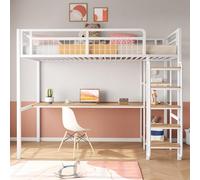 FAYICIC Cama alta de metal, 90 x 200 cm, escalera de seguridad con escalones, cama individual, cuna con mesa y estantes, valla de seguridad de malla metálica (blanco)