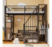 FAYICIC Cama alta multifuncional de 90 x 200 cm, cama de metal con espacio de almacenamiento, estantes y escalera, cama para adultos y cuna (negro)