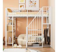 FAYICIC Cama alta multifuncional de 90 x 200 cm, cama de metal con espacio de almacenamiento, estantes y escalera, cama para adultos y cuna (blanco)