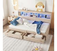 FAYICIC Cama de día, 90 x 200 cm, sofá cama, cama con 2 puertos USB y 2 puertos de carga, cama con dos cajones, con somier (sin colchón) (natural)