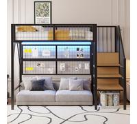 FAYICIC Cama de hierro, litera, 90 x 200, cama alta de metal con tiras de luz LED controladas por aplicación, escaleras con espacio de almacenamiento, armario abierto (negro)