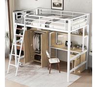 FAYICIC Cama de hierro, litera, con mesa y armario, abundantes compartimentos de almacenamiento, con un deslizador inclinado de cuatro niveles, hierro+aglomerado, blanco+natural, 90x200cm