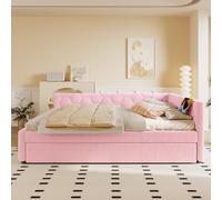 FAYICIC Cama diurna, 140 x 200 cm, sofá cama, cama con somier (sin colchón), con lámpara de noche, con cama nido multifuncional, conexión USB, tipo C, imitación vellón (rosa)