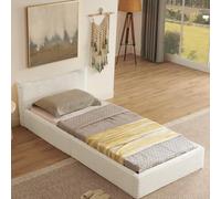 FAYICIC Cama individual de 90 x 200 cm, cama infantil con felpilla aterciopelada, funda de madera de eucalipto ecológica+marco de hierro estable, fácil montaje, (sin colchón) (beis, 90 x 200 cm)