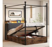 FAYICIC Cama individual de hierro, con espacio de almacenamiento hidráulico elevable y dosel de hierro forjado, con postes de cama extraíbles con iluminación LED y USB/tipo C, negro (sin cajones, 90 x