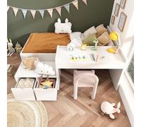 FAYICIC Cama individual de madera maciza con escritorio y cajones, 90 x 200 cm, color blanco, cama de almacenamiento con somier, para niños y niñas (sin colchón)