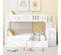 FAYICIC Cama infantil 90 x 200/140 x 200 cm, litera de madera maciza con escalera de seguridad, dos cajones grandes y somier, color blanco