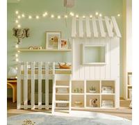 FAYICIC Cama infantil de 90 x 200 cm, con techo y ventana, con espacio de almacenamiento abierto, con escalera, litera de madera maciza, sin colchón, color blanco