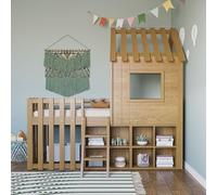 FAYICIC Cama infantil de 90 x 200 cm, con techo y ventana, con espacio de almacenamiento abierto, con escalera, litera de madera maciza, sin colchón (color madera)